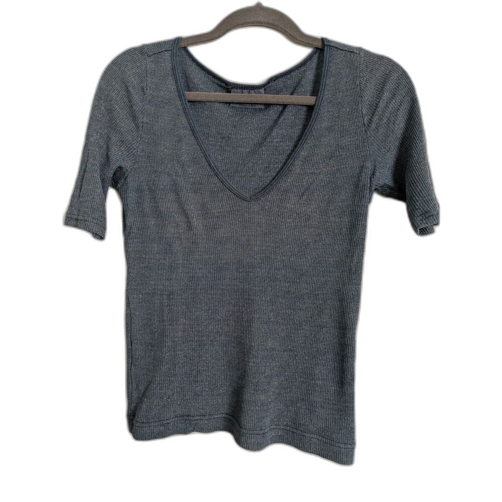 Michael Stars Top OS Blue Metallic Sparkle Ribbed V Neck Slim Fit Tee